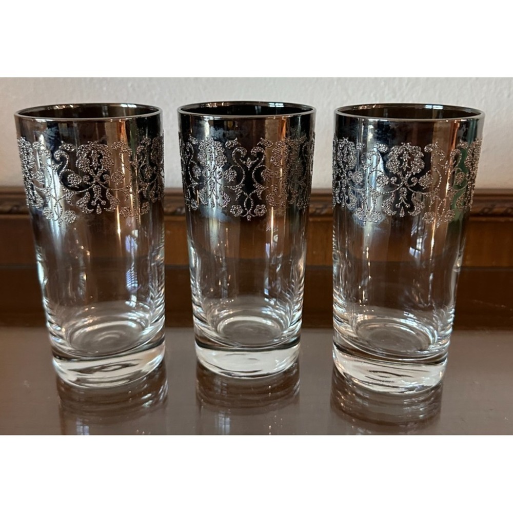 3 Vintage Silver Fade Vitreon Queen's Lusterware High Ball/Iced Tea Tumblers MCM